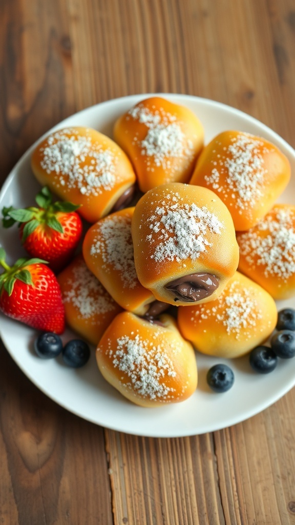 Golden-brown Nutella stuffed toast rolls on a plate with powdered sugar and fresh fruit.